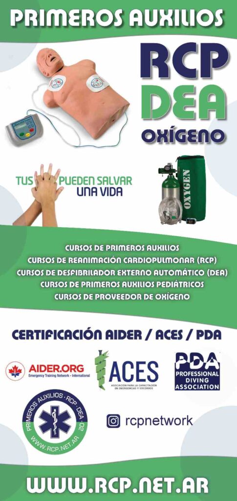 Banner de Cursos de Primeros Auxilios, Reanimación Cardiopulmonar (RCP), utilización de Desfibrilador Automático Externo (DEA) y Provisión de Oxígeno en Buenos Aires, San Rafael, Mendoza, San Luis y San Juan